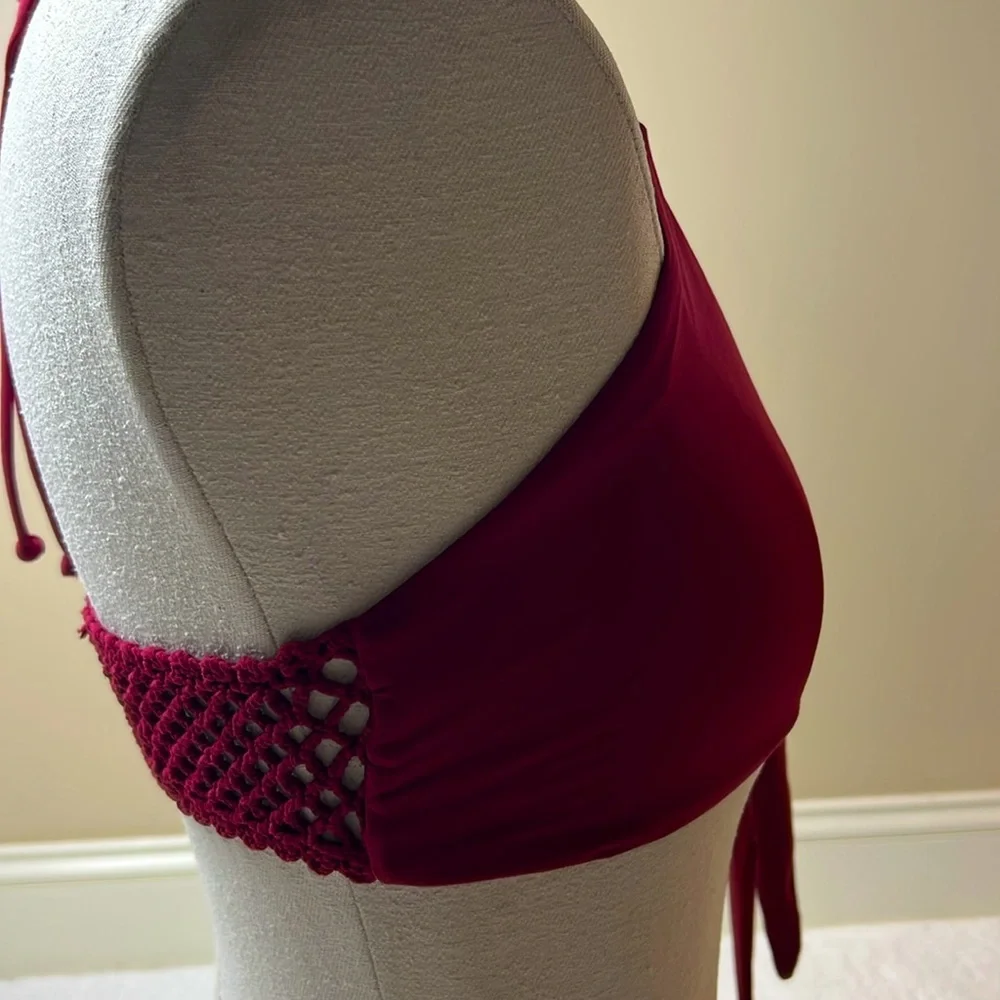 New! Frankie’s Bikinis burgundy Halter Top crochet back tie neck M